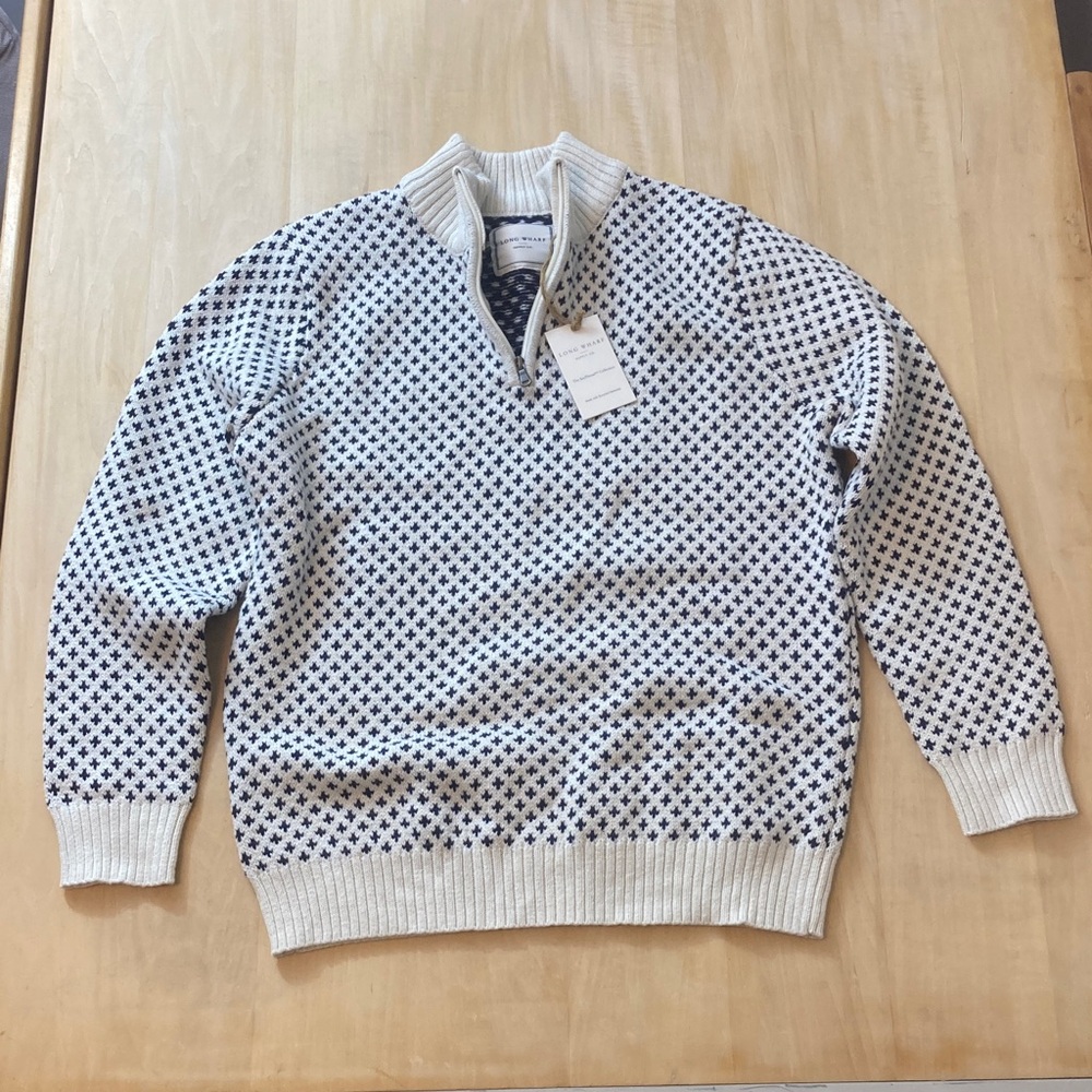 NWT Long Wharf Edgartown Cream and Navy 1/4 Zip Fisherman Sweater Recycled